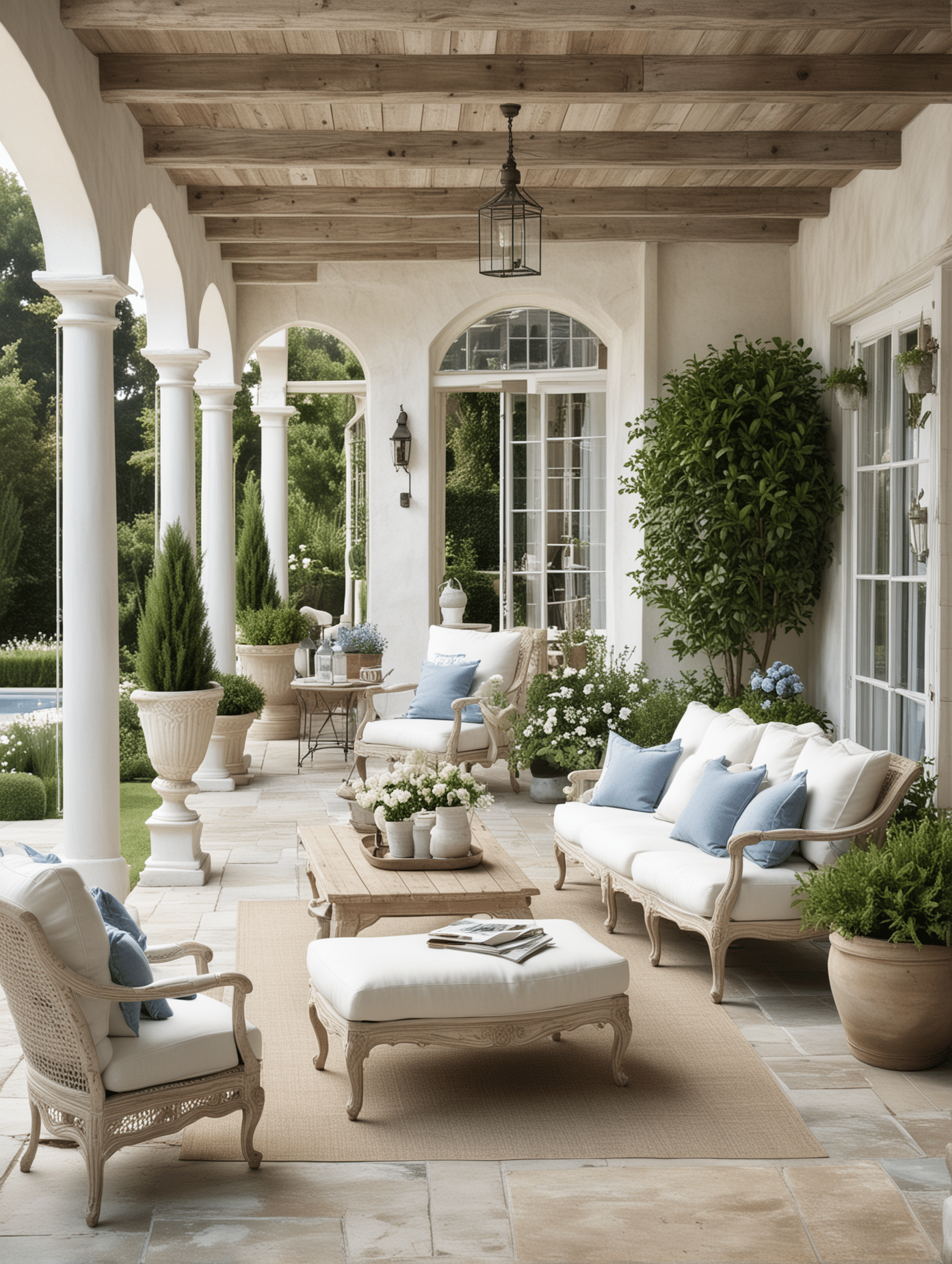 Blue and white patio decor