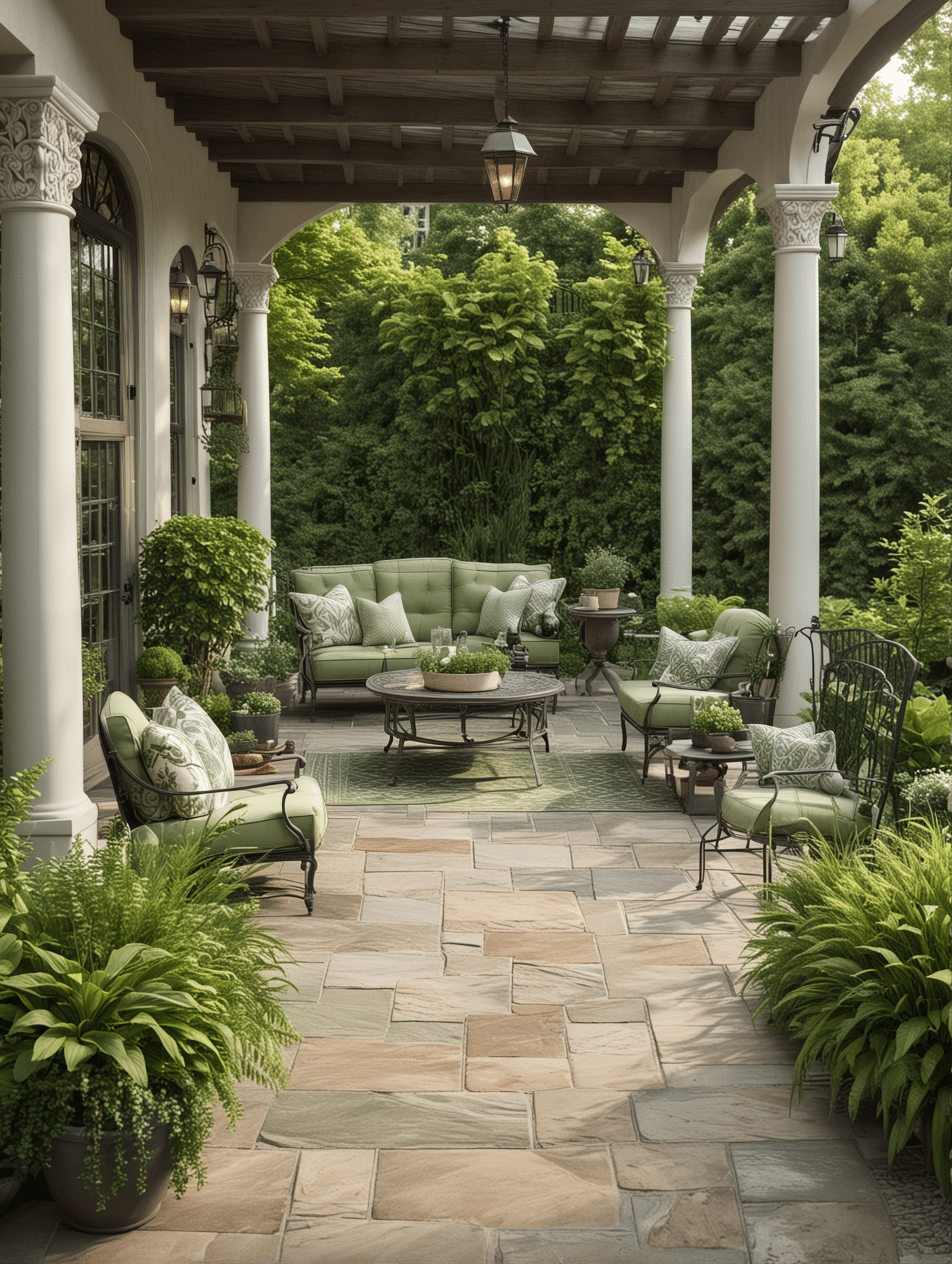 Green and white patio decor