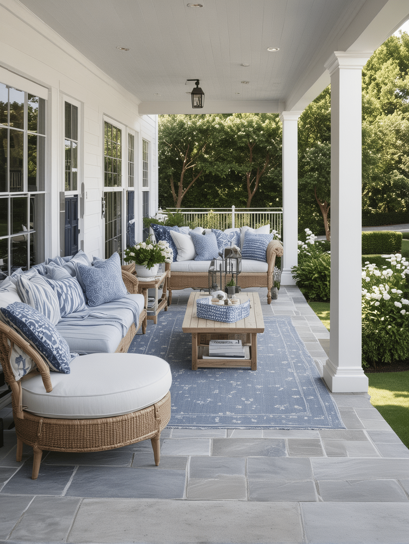 Blue and white patio decor