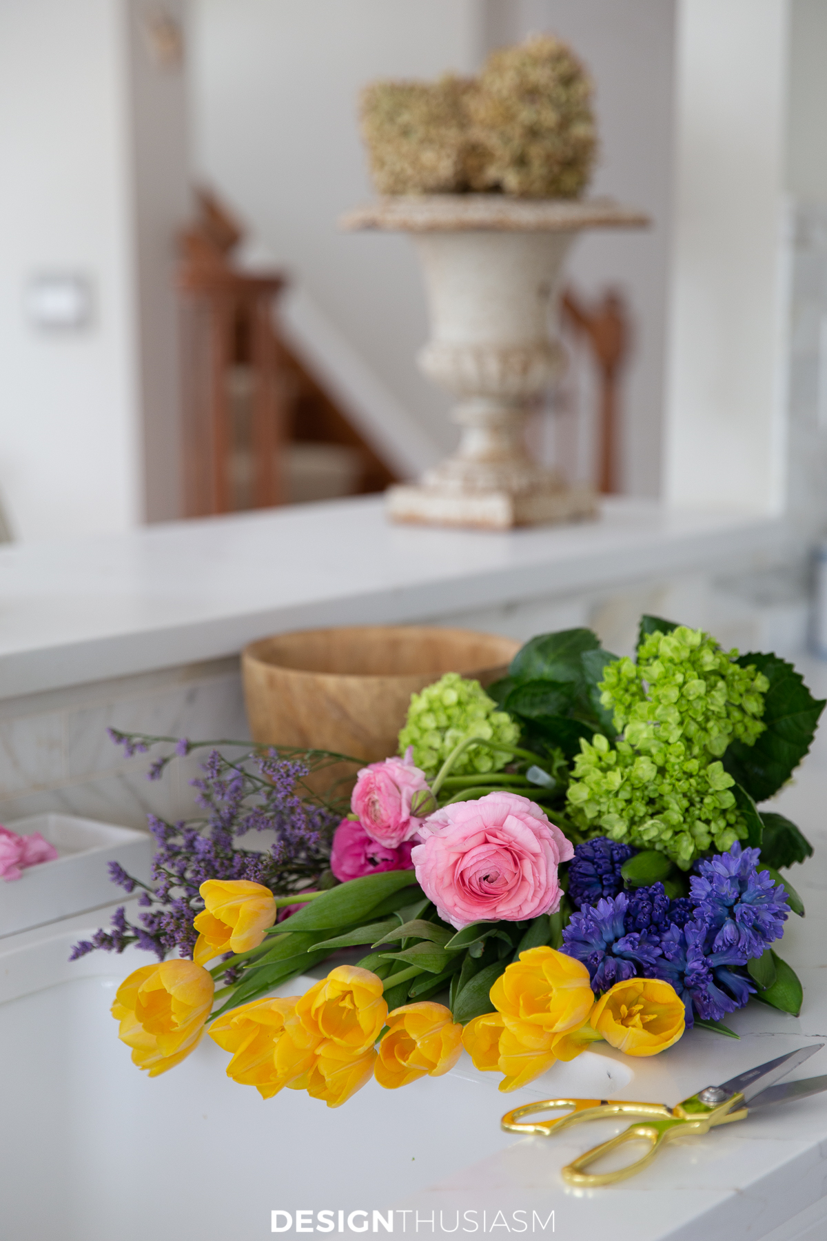 prepping spring flowers for arranging
