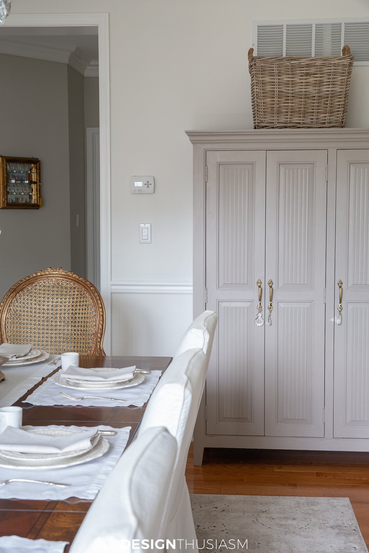 dining room cabinet with rattan basket