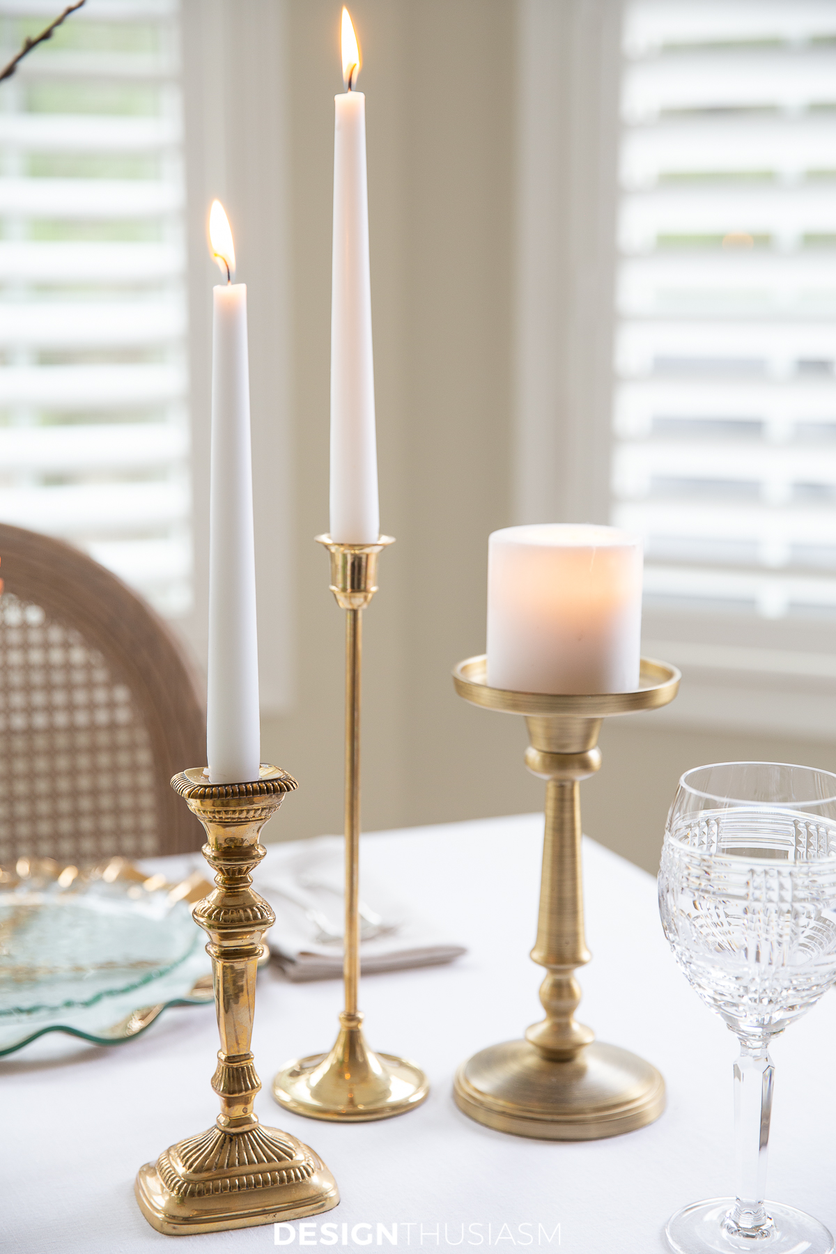 spring table setting with brass candlesticks