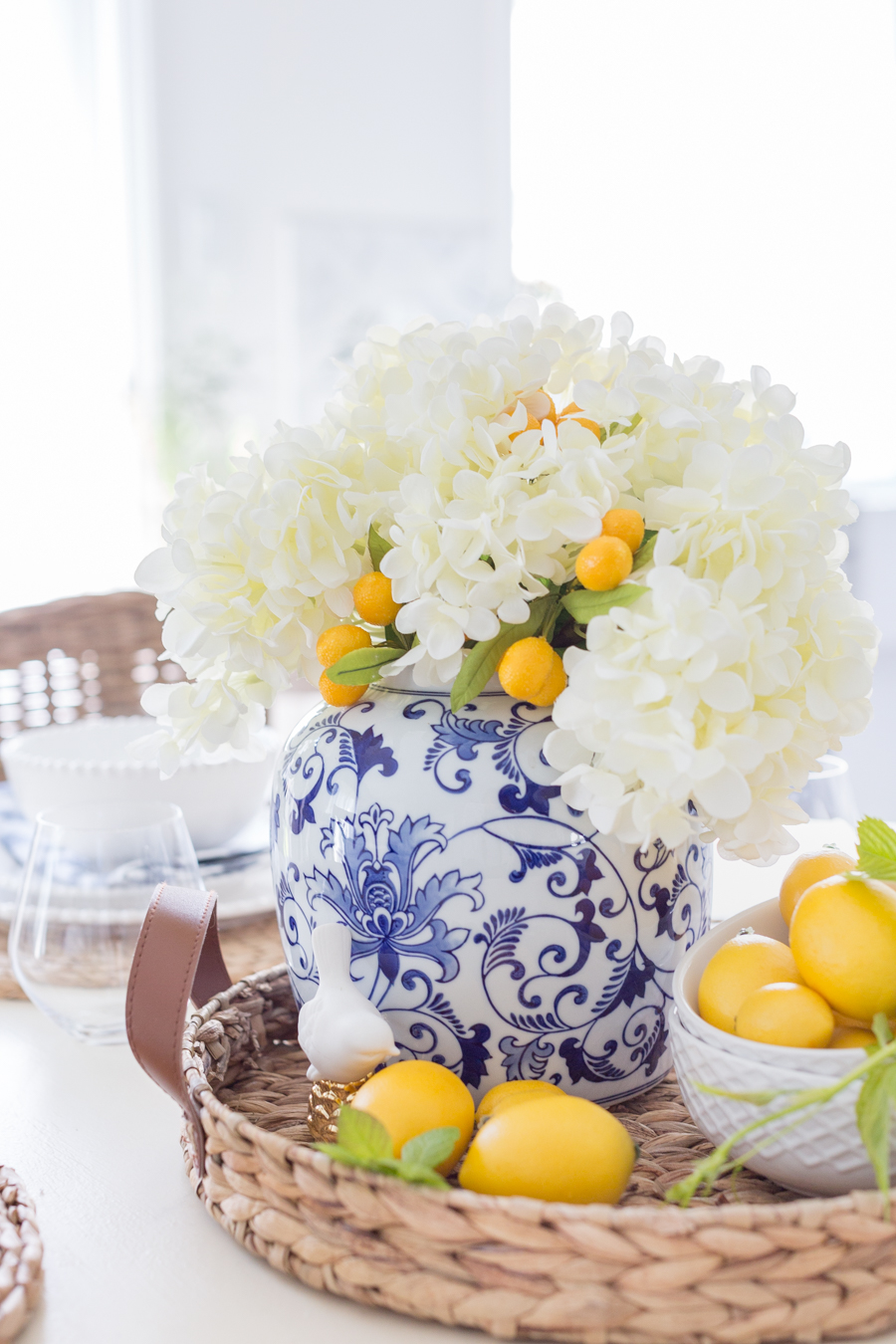 hydrangeas and lemons in a chinoiserie vase