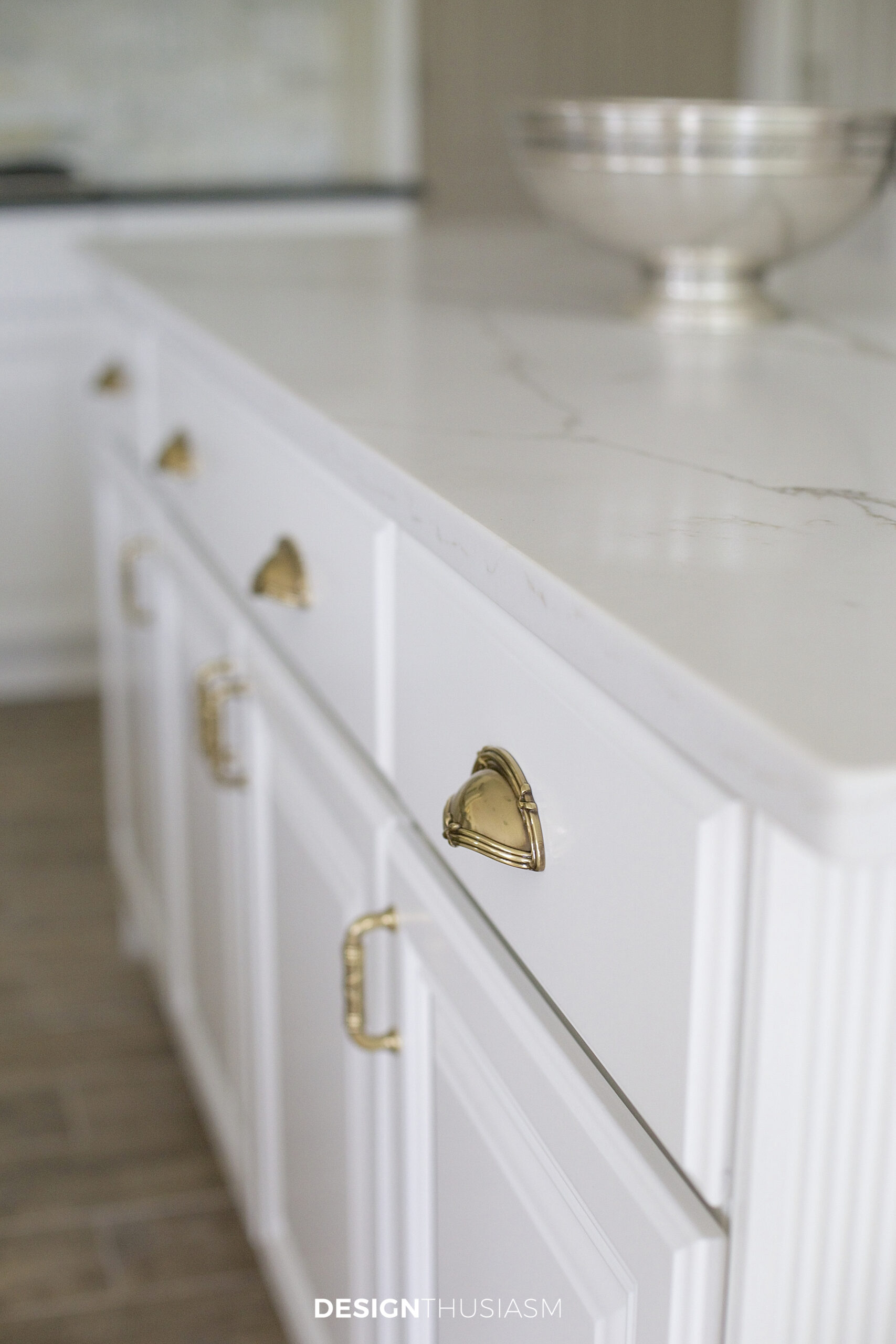 new white cabinets with brass hardware