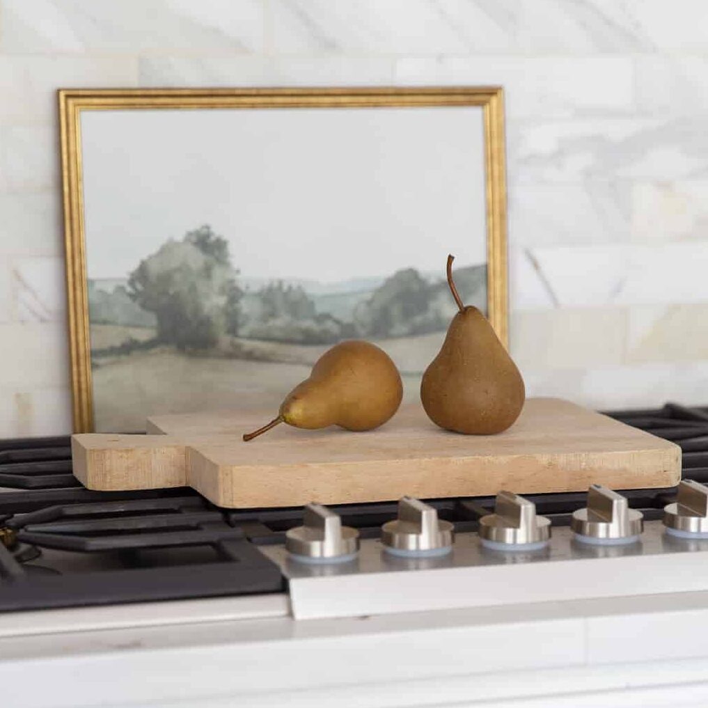 pears on antique cutting board