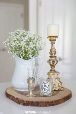 vintage decor on a wood tray in the kitchen