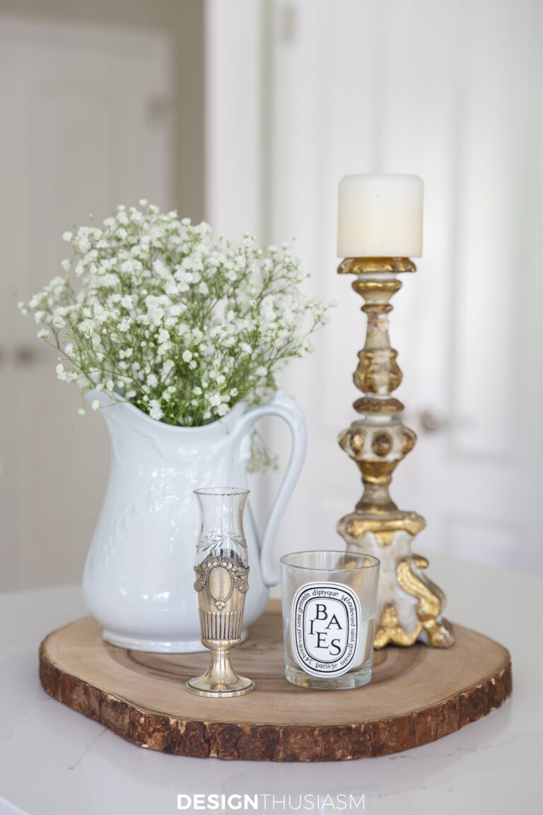vintage decor on a wood tray in the kitchen