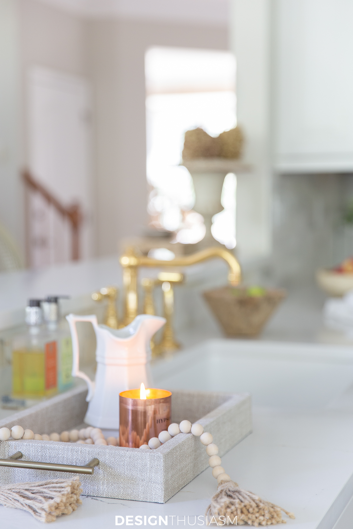 linen tray with copper candle