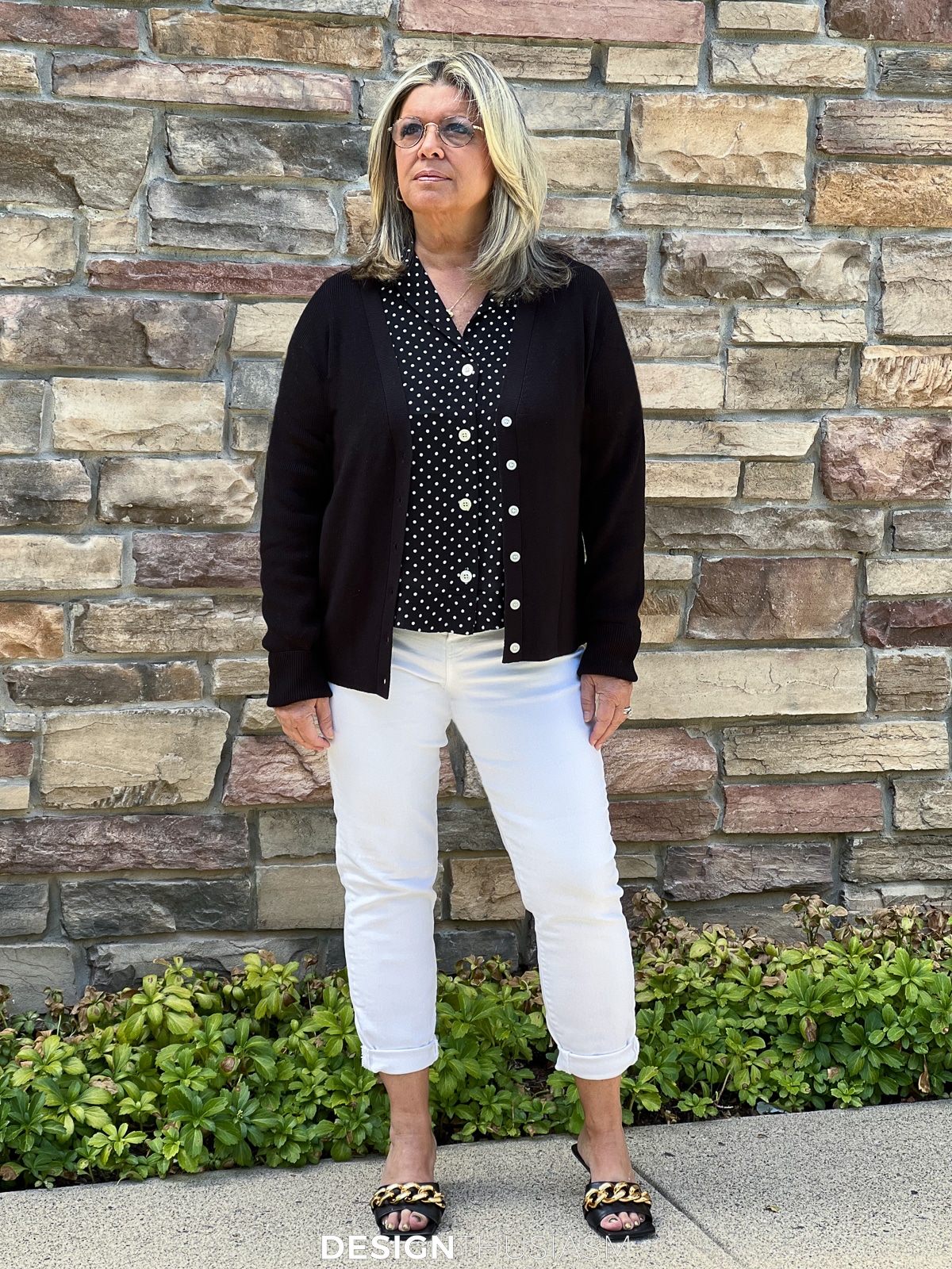 polka dot top with cardigan and white jeans