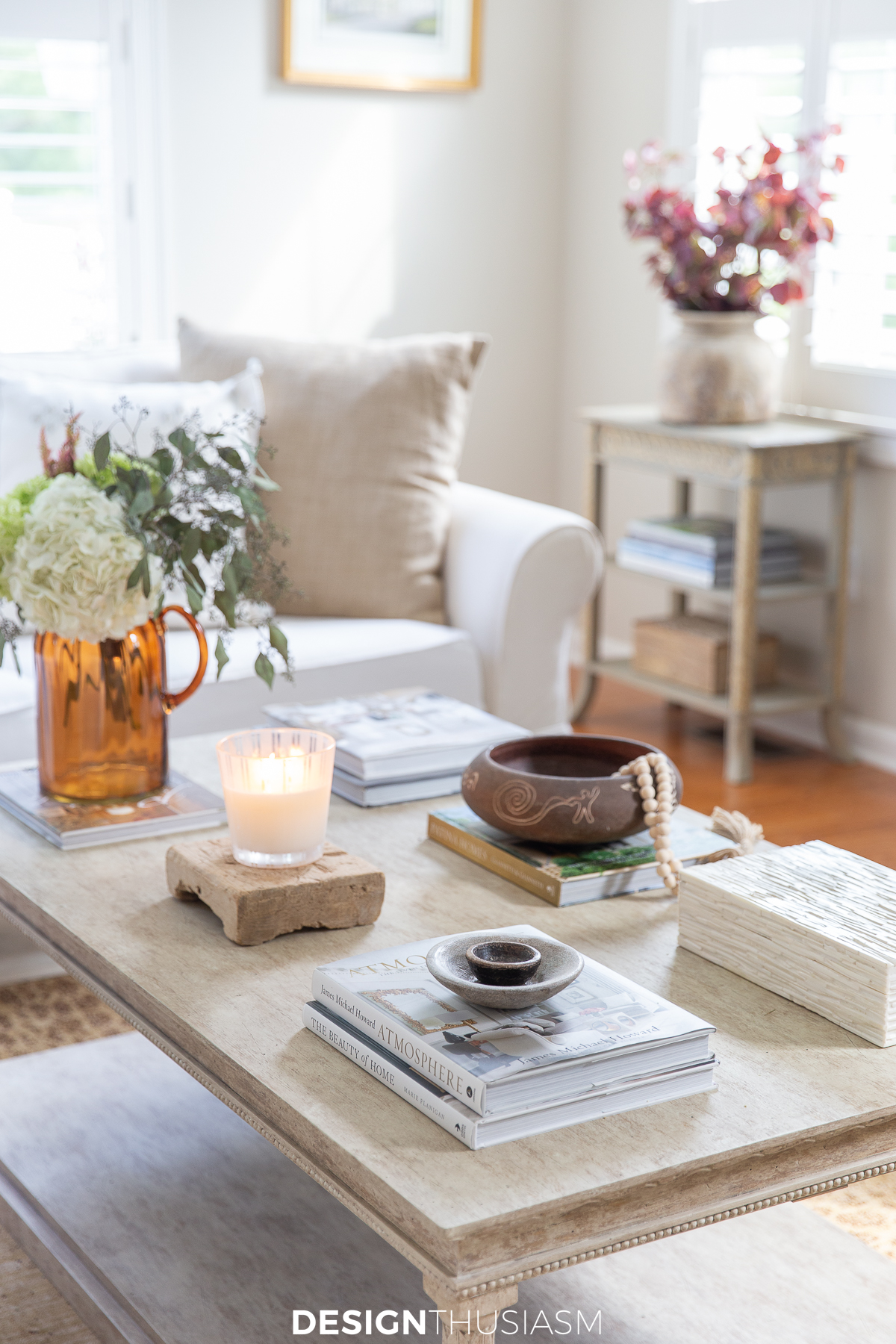 fall decor on the family room coffee table