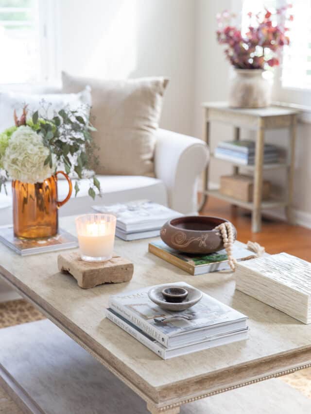 fall decor on the family room coffee table