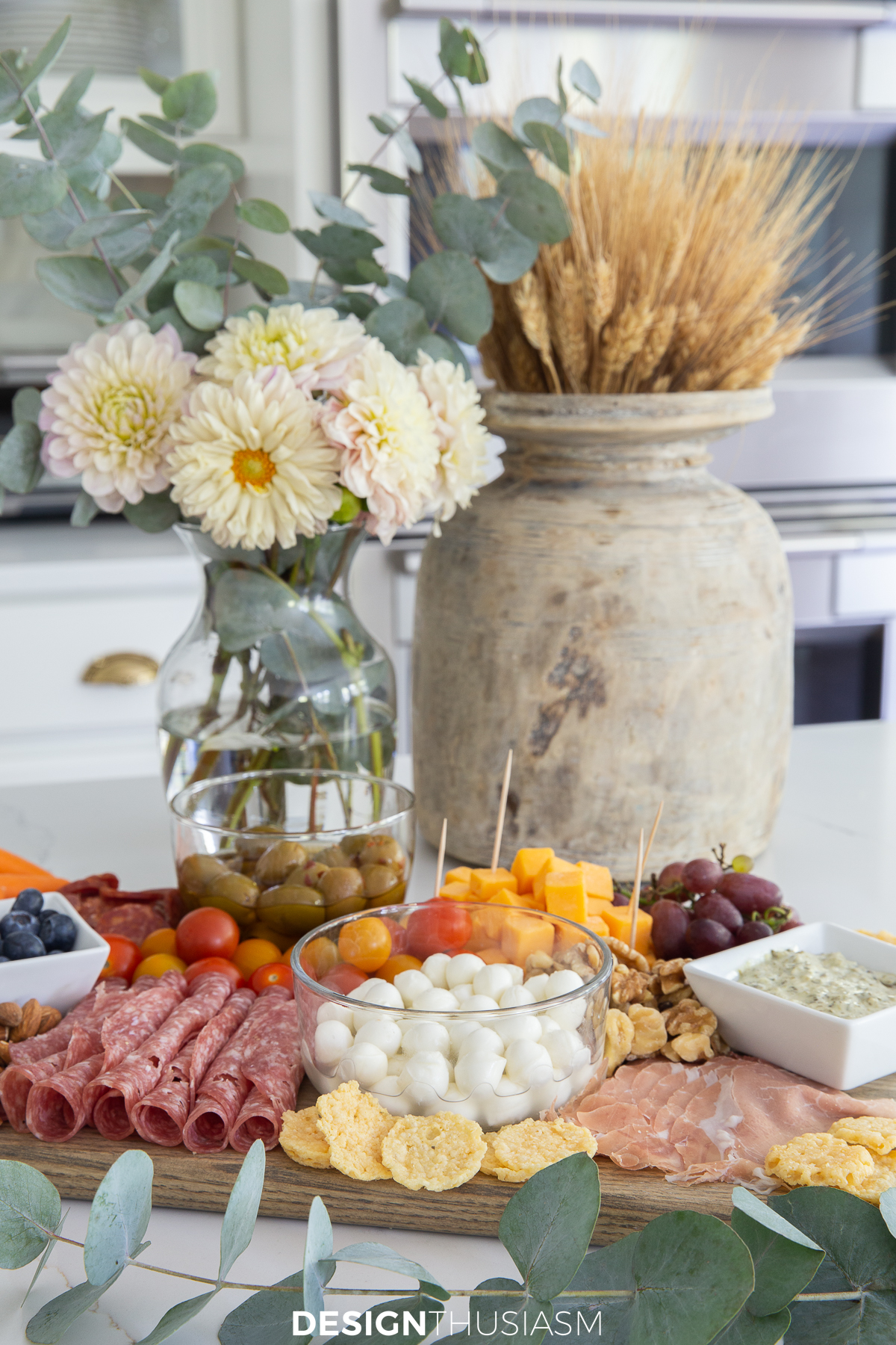 charcuterie board on the kitchen island