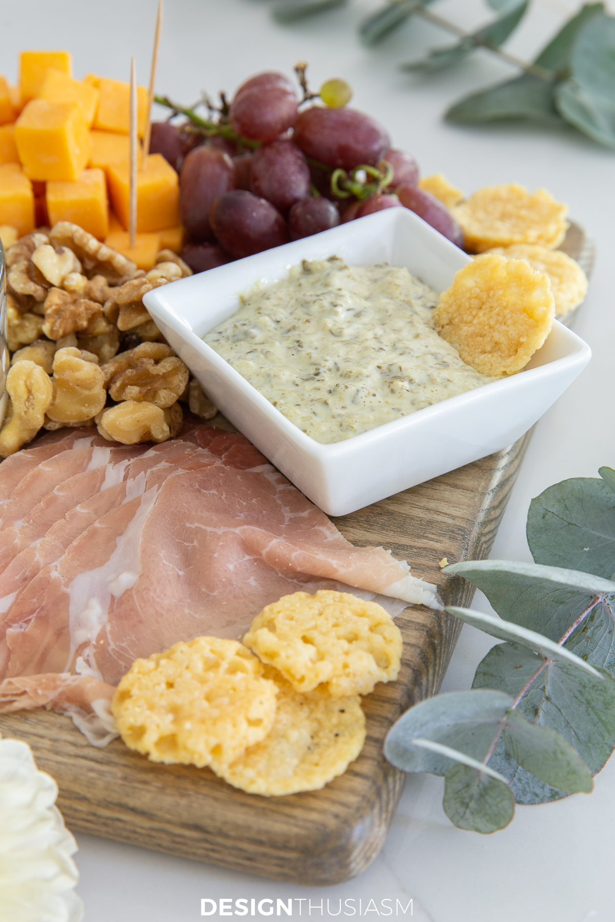 spinach dip on charcuterie board