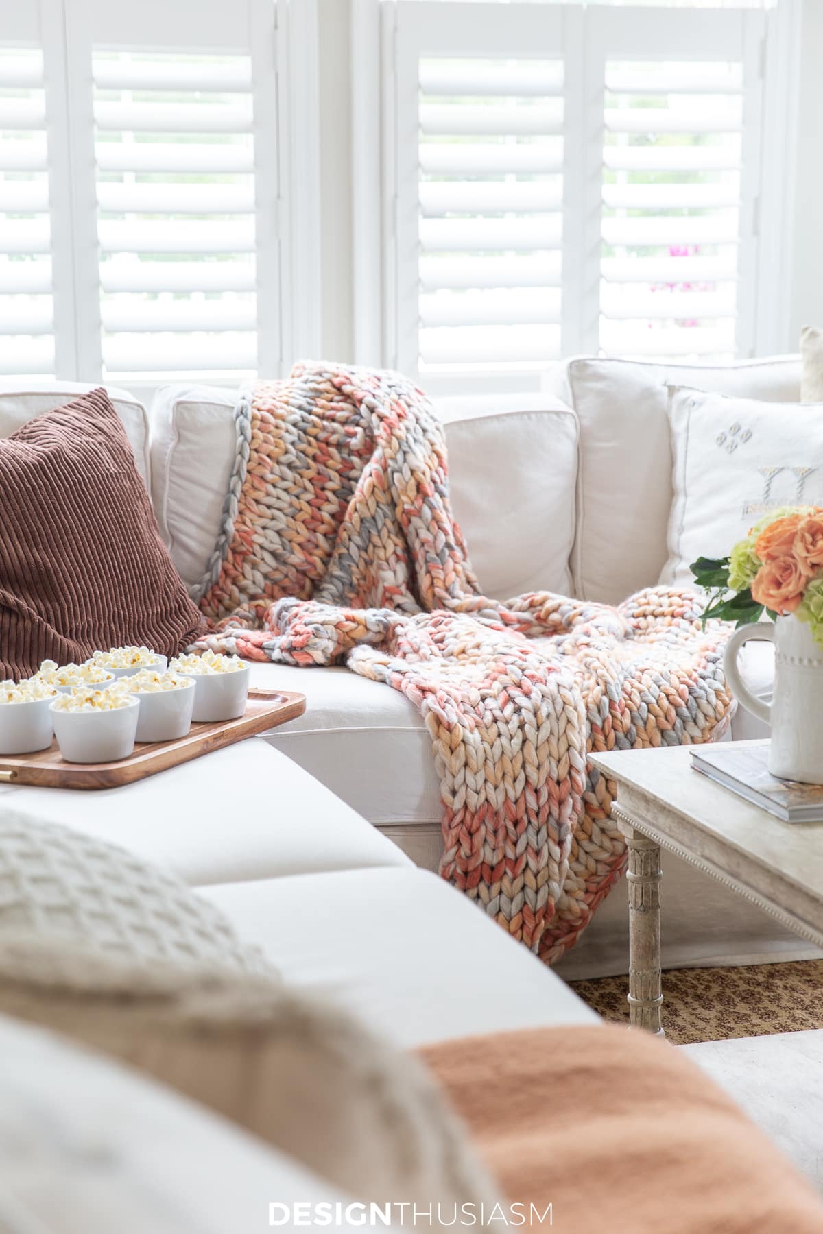 popcorn and blanket throw in the family room
