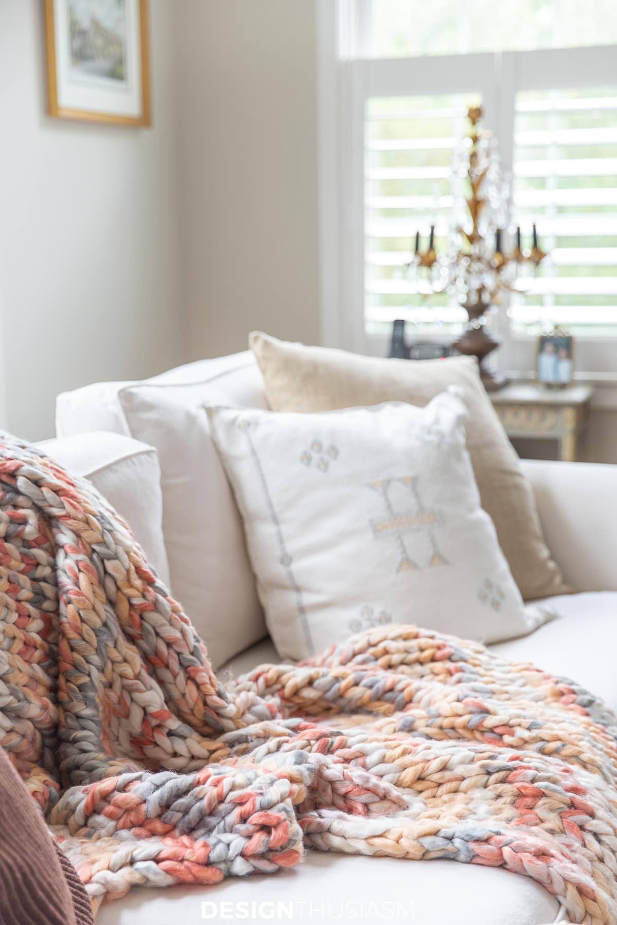 chunky knit throw on the sofa