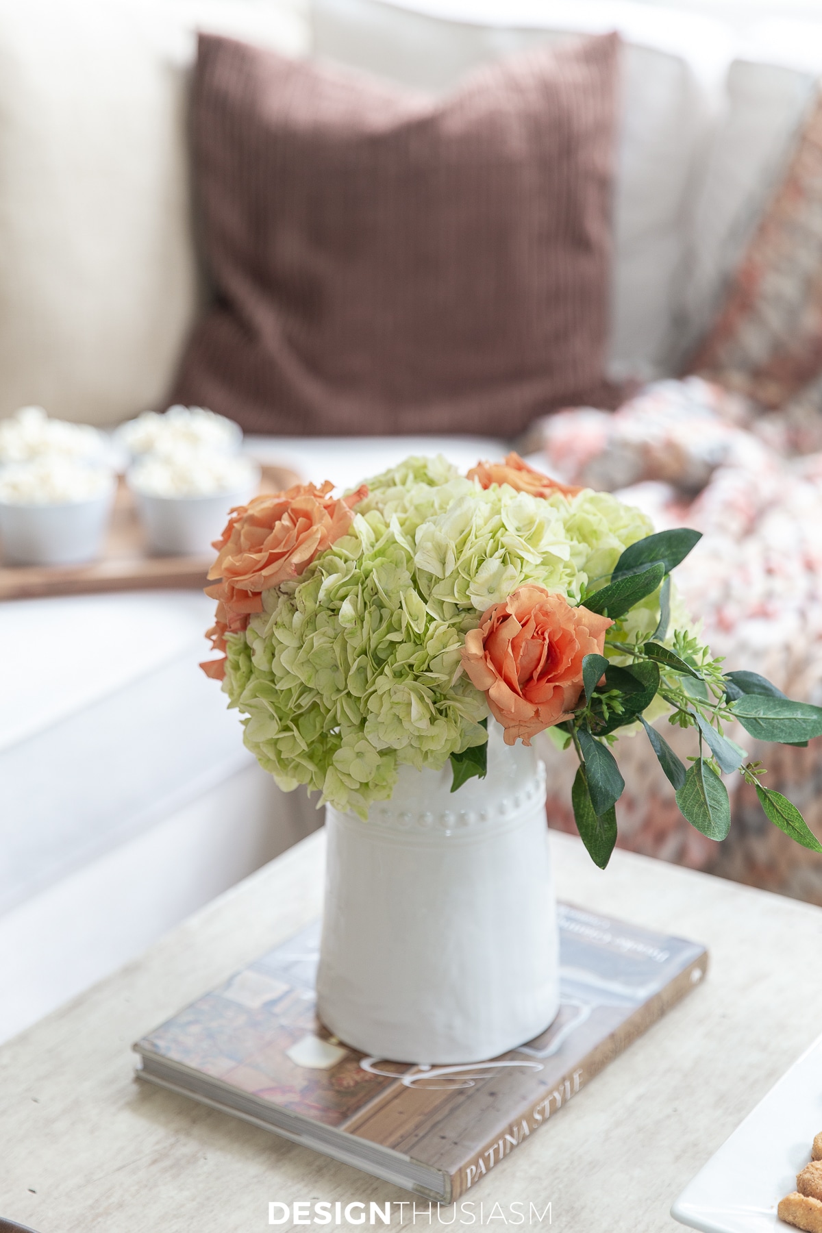 hydrangeas and roses on the coffee table