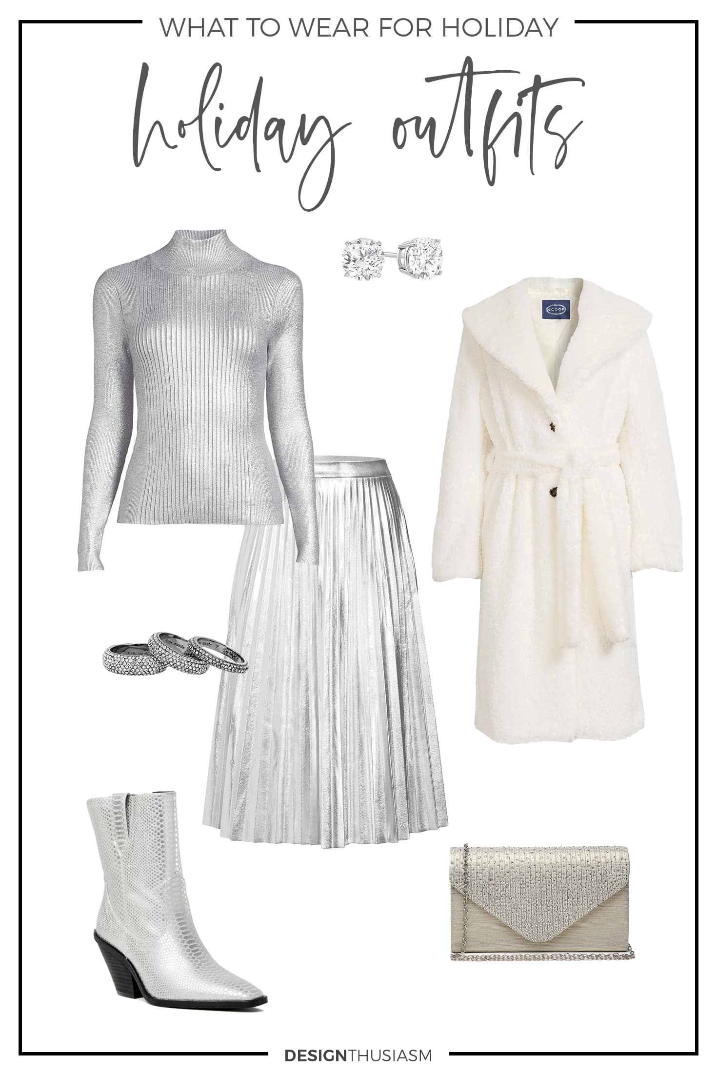 Holiday Outfit Ideas with silver sweater and skirt