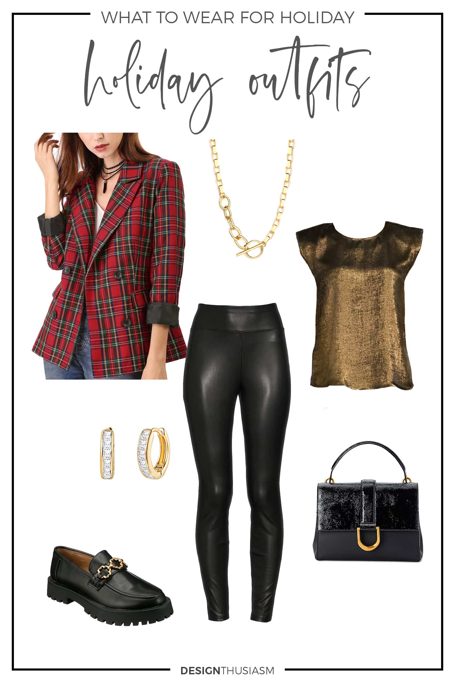 Holiday Outfit Ideas with plaid jacket and faux leather leggings