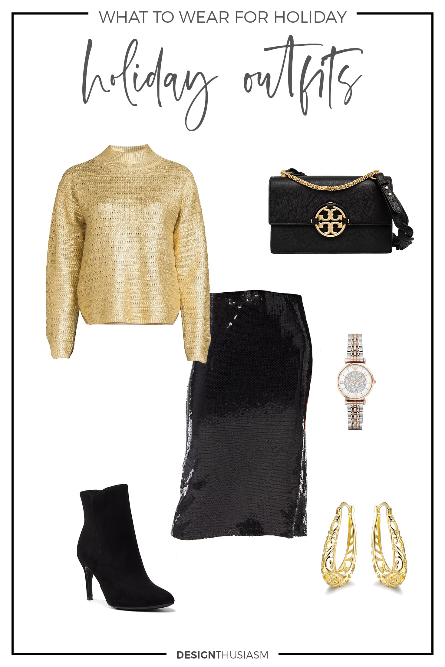 Holiday Outfit Ideas with gold sweater and sequins skirt