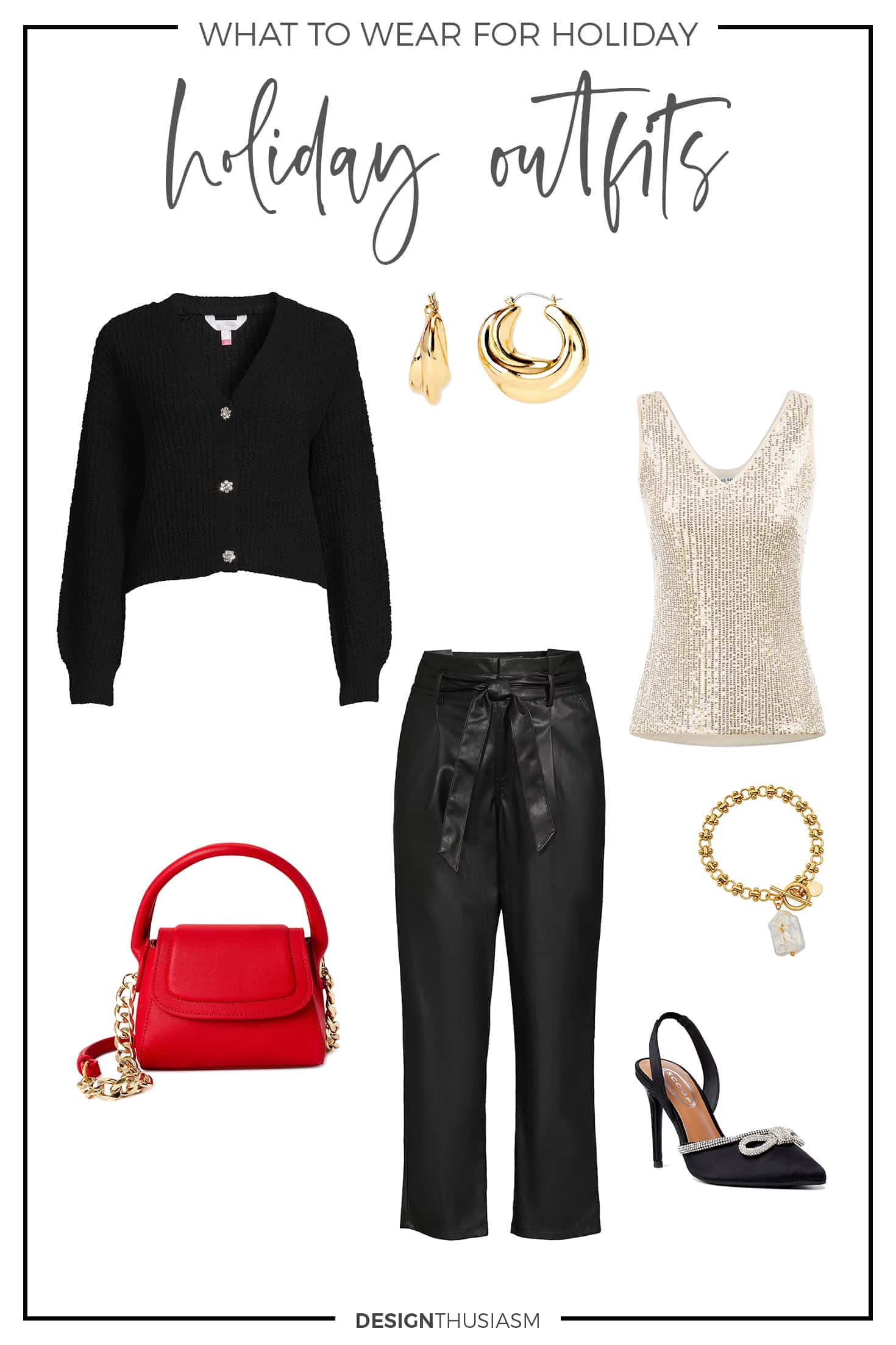Holiday Outfit Ideas with sequins top and faux leather pants