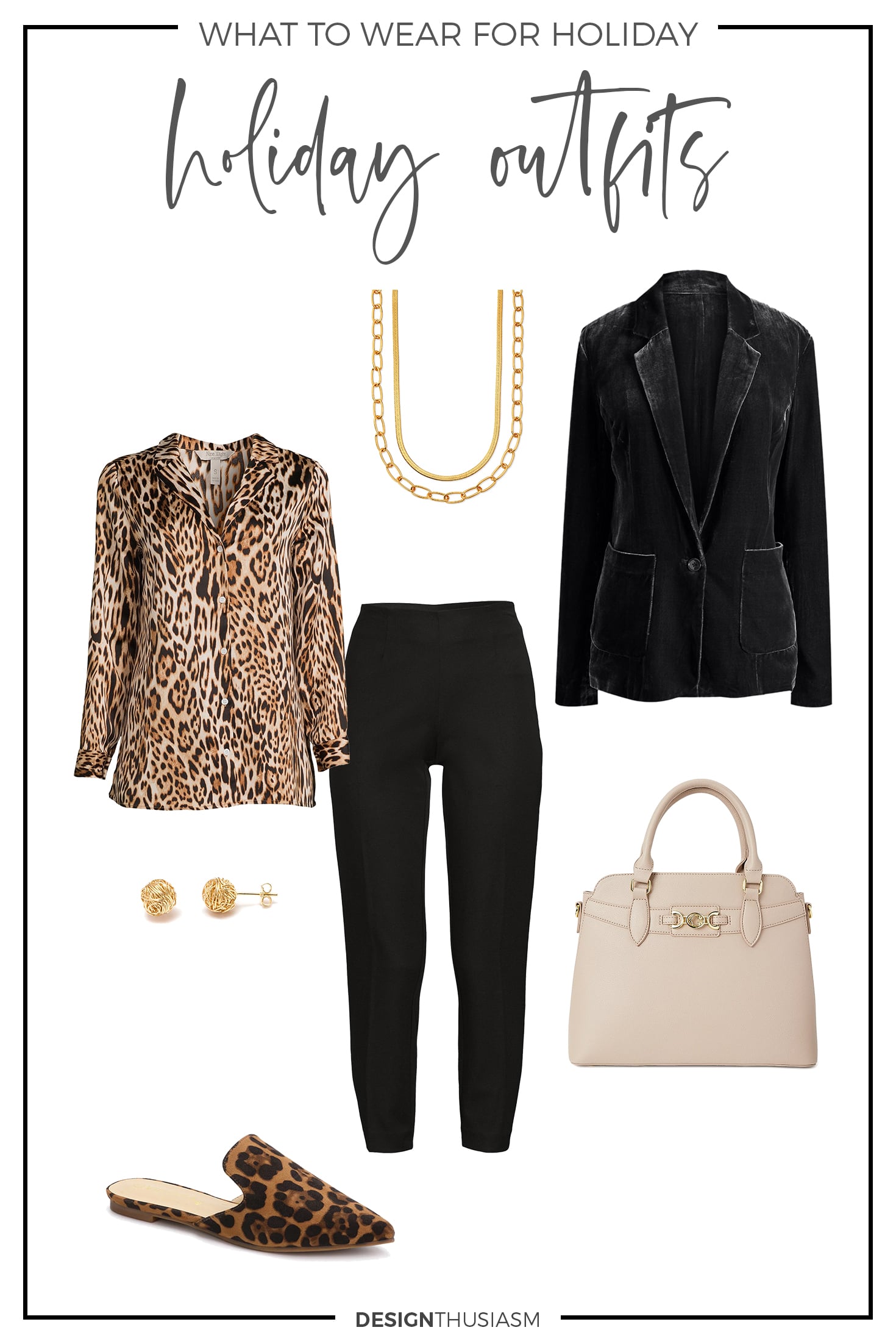 Holiday Outfit Ideas with animal print top and velvet jacket
