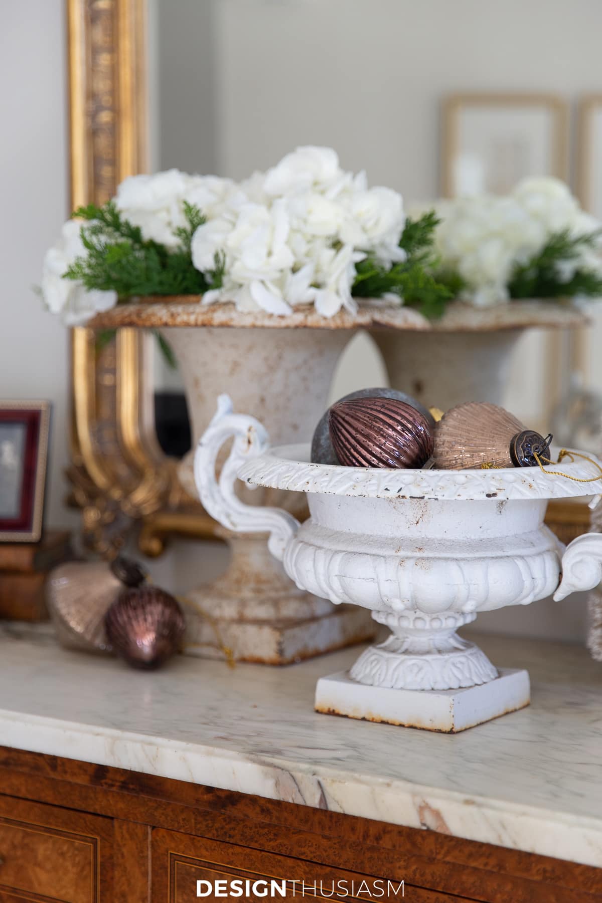 fresh Christmas color palette ornaments in garden urn