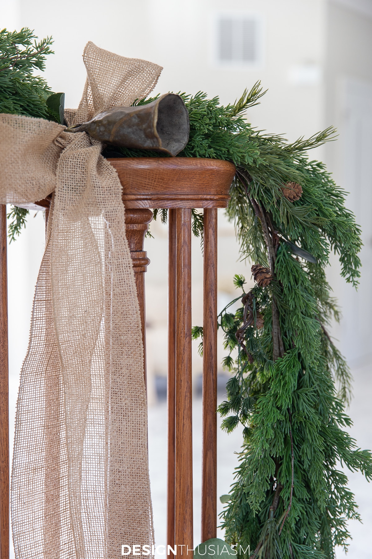 fresh Christmas color palette on bannister garland