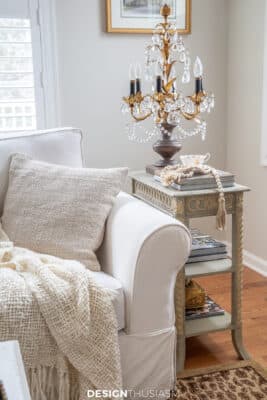 Swedish style side table next to the sofa