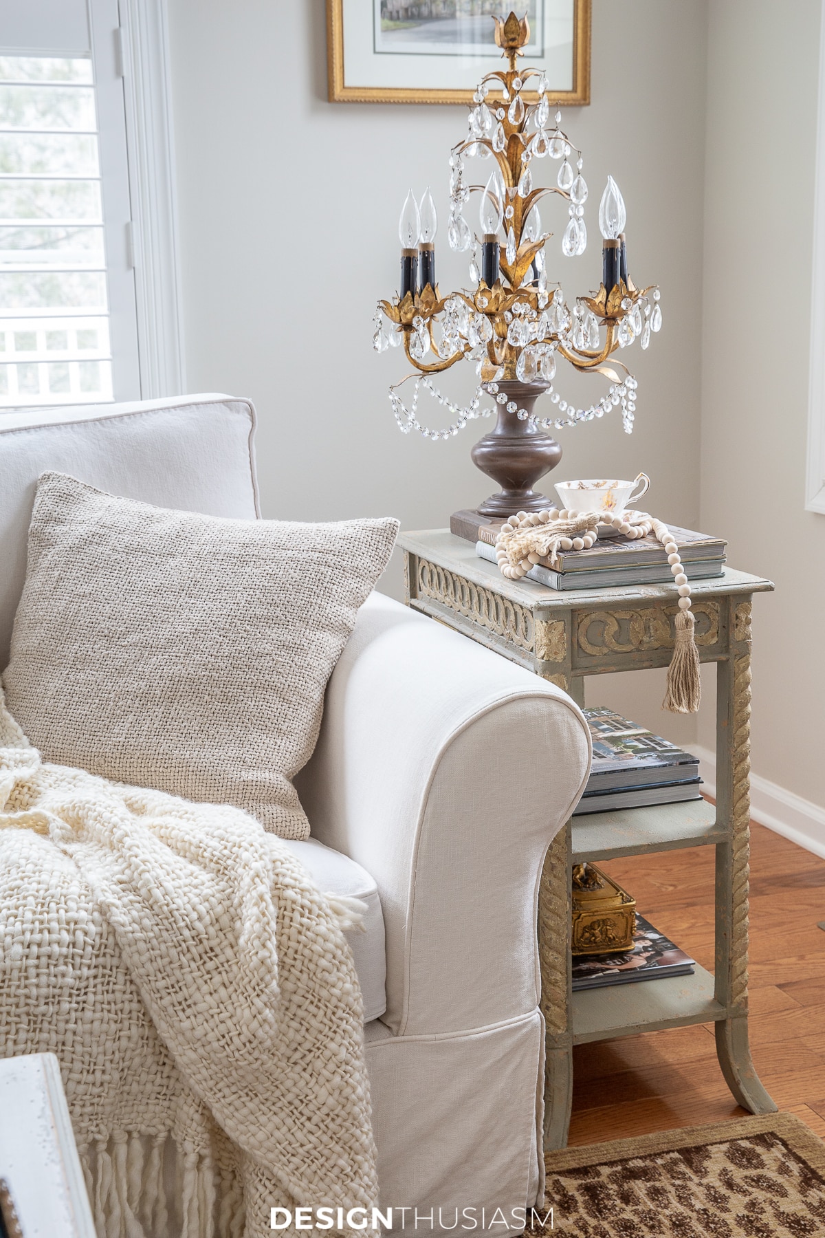 Swedish style side table next to the sofa