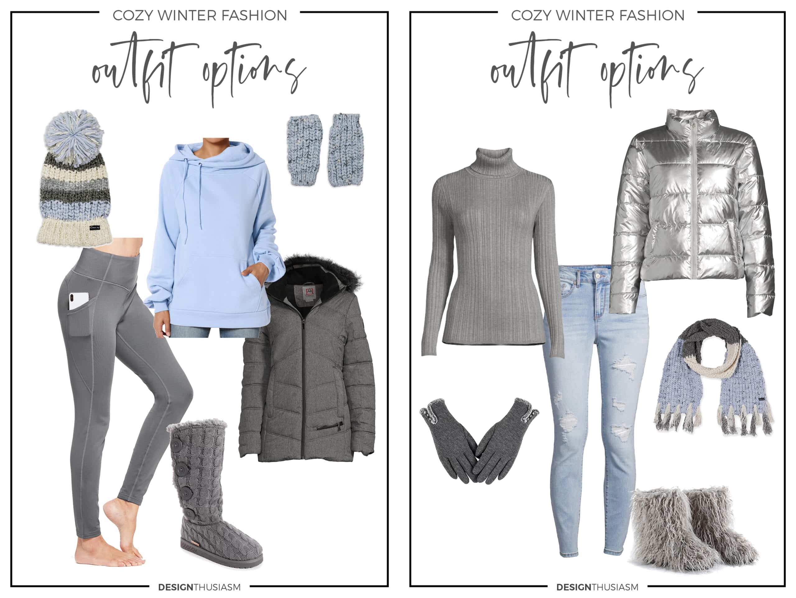winter outfit options ice blue and grey