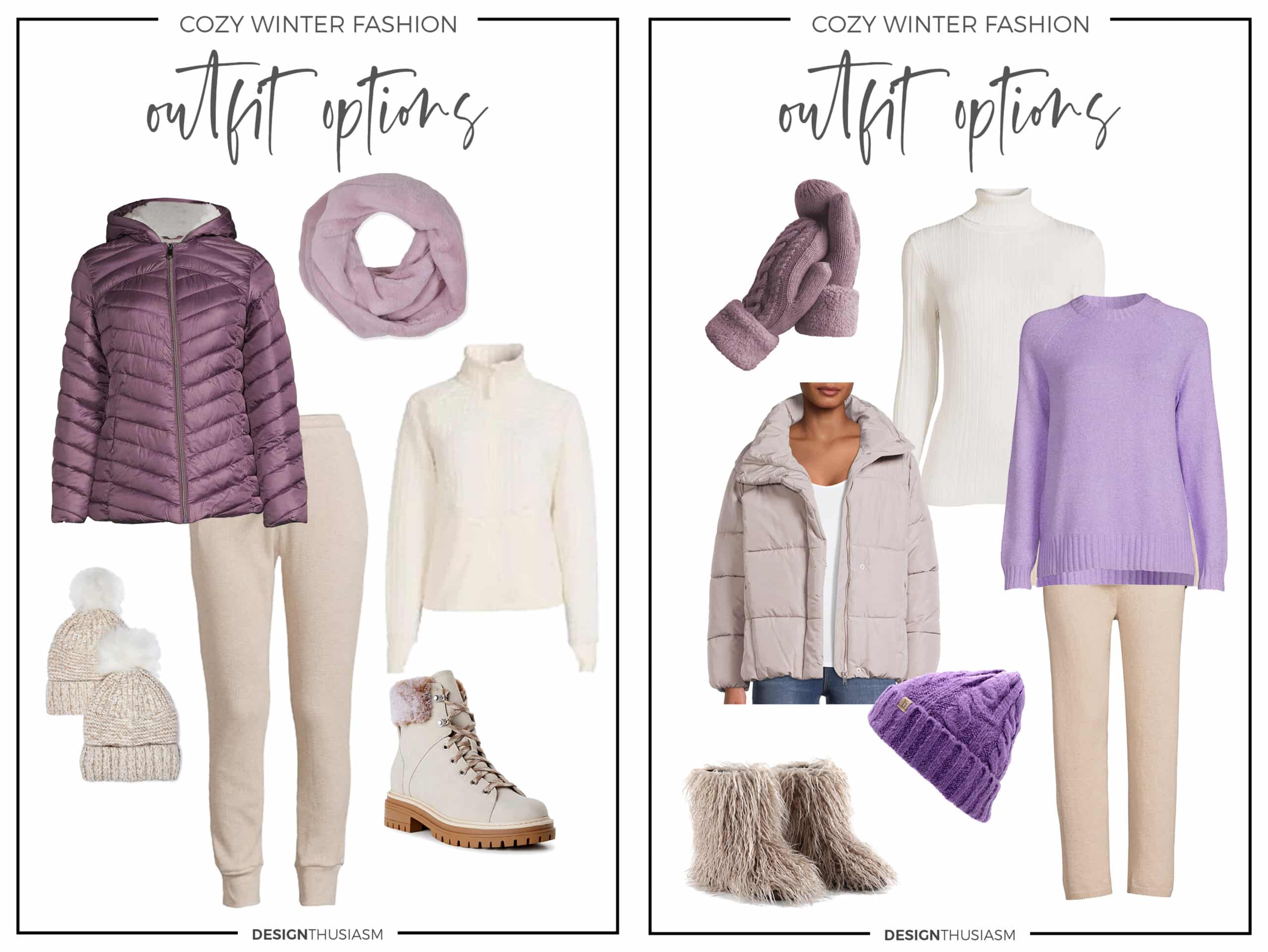 winter outfit options oatmeal and lilac