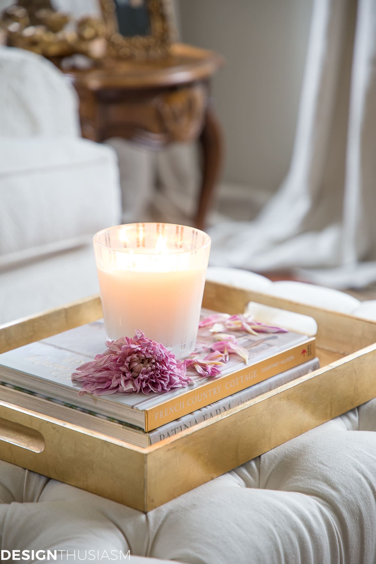 pink glam candle on a tray