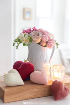 floral arrangement and velvet hearts