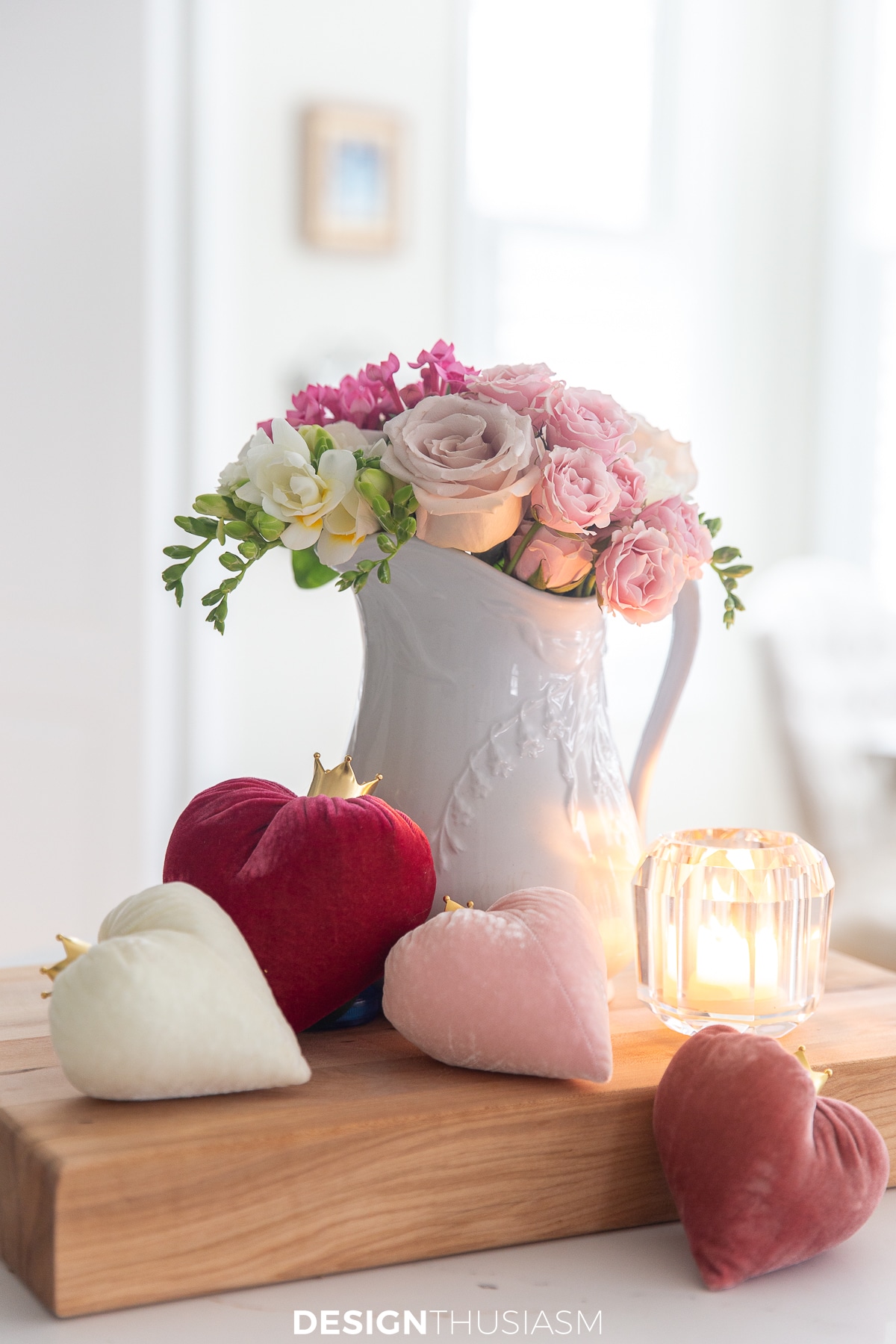floral arrangement and velvet hearts