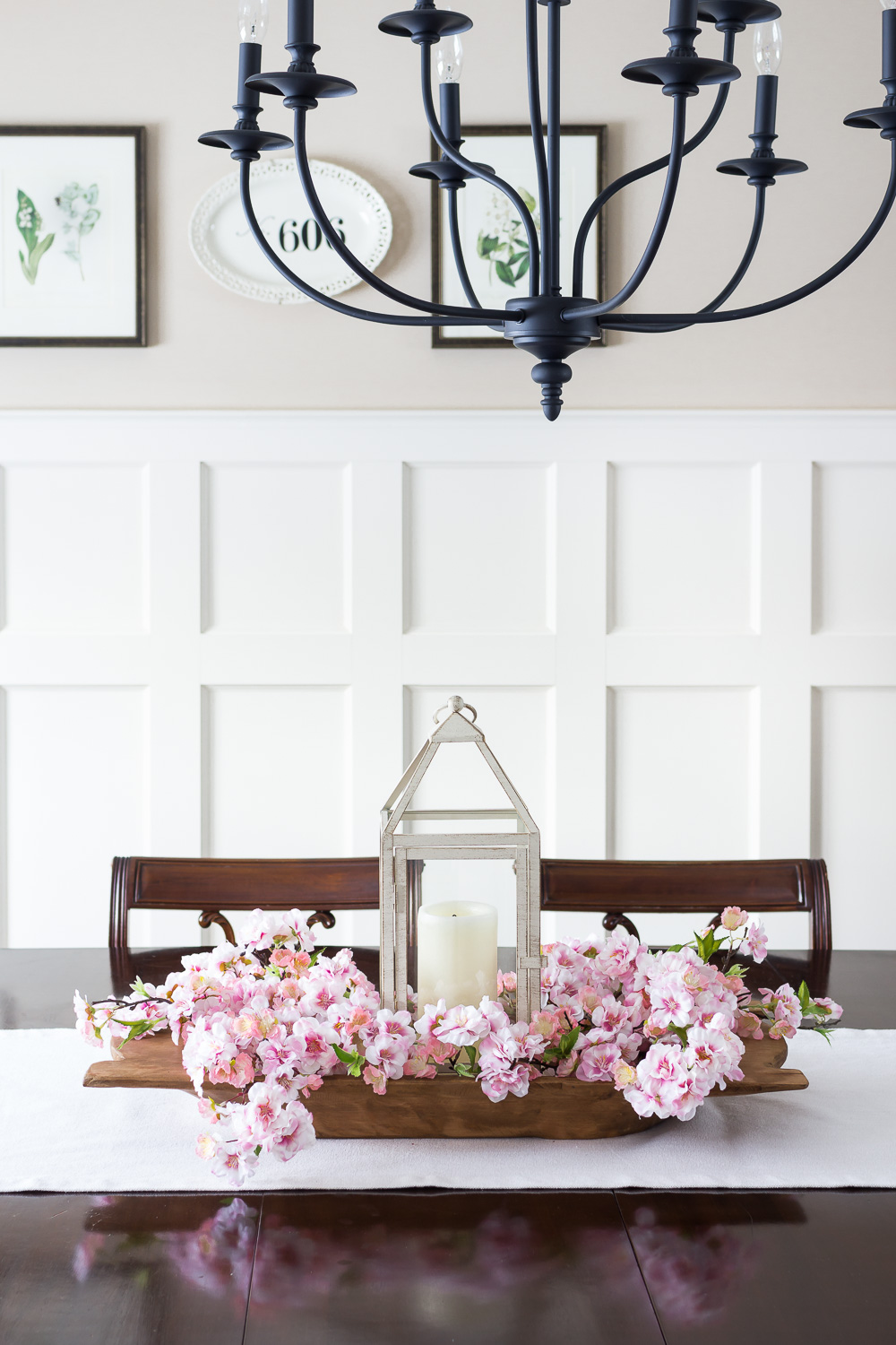 dough bowl centerpiece with cherry blossoms and lantern