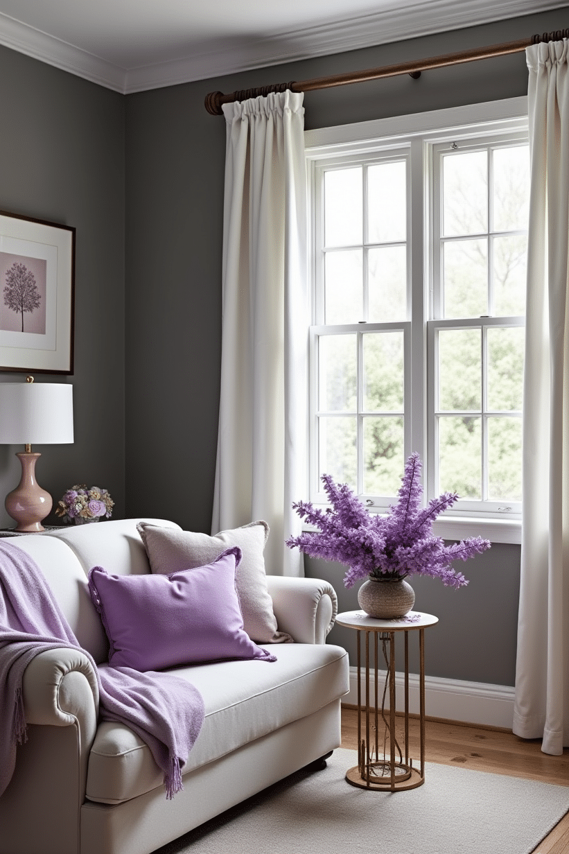 seating area in lilac and grey bedroom