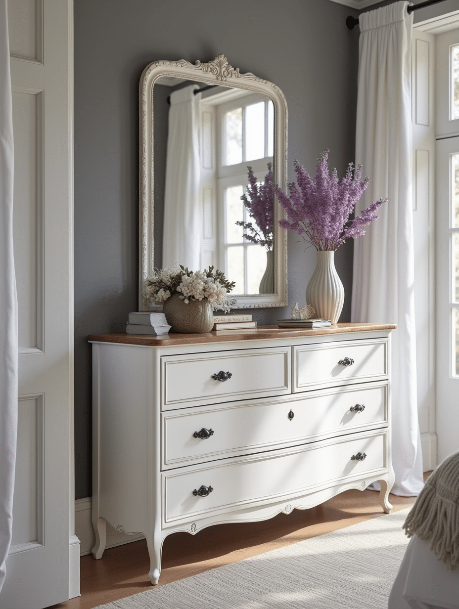 dresser in lilac and grey bedroom