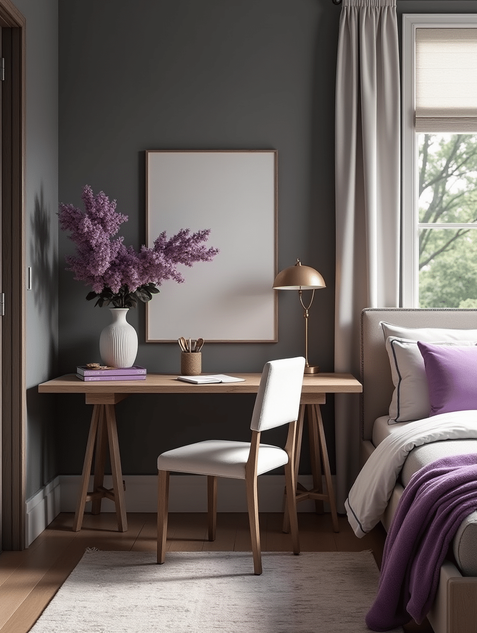 desk in lilac and grey bedroom