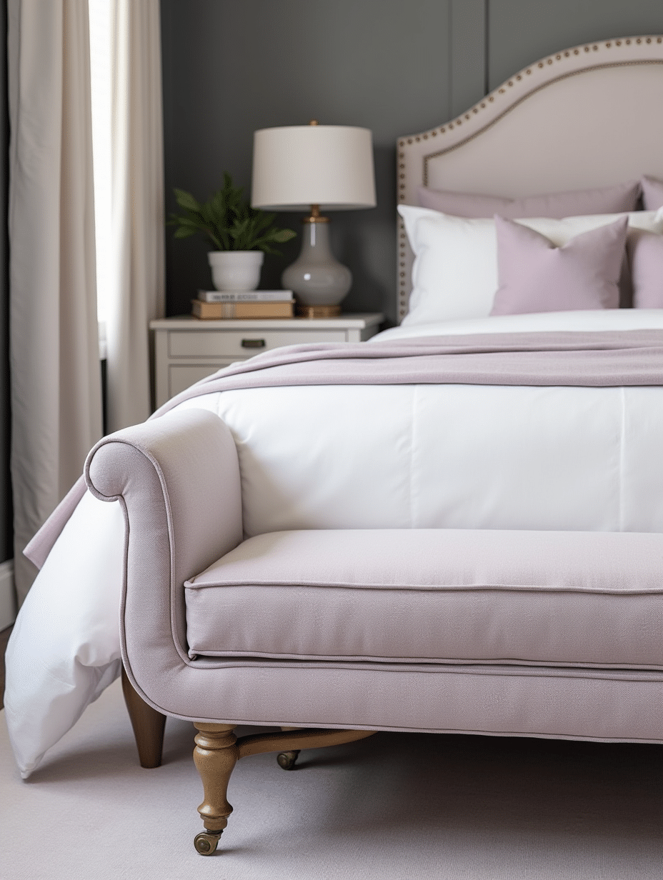 bench in lilac and grey bedroom