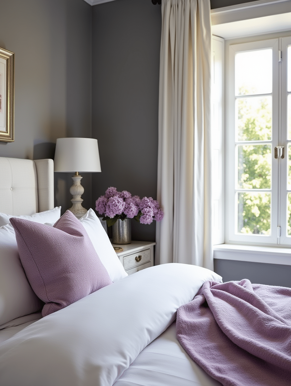 side table in lilac and grey bedroom