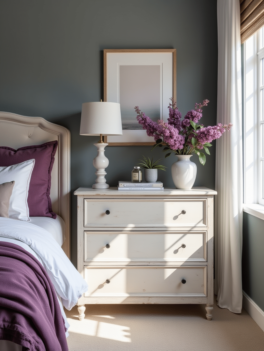 chest of drawers in lilac and grey bedroom
