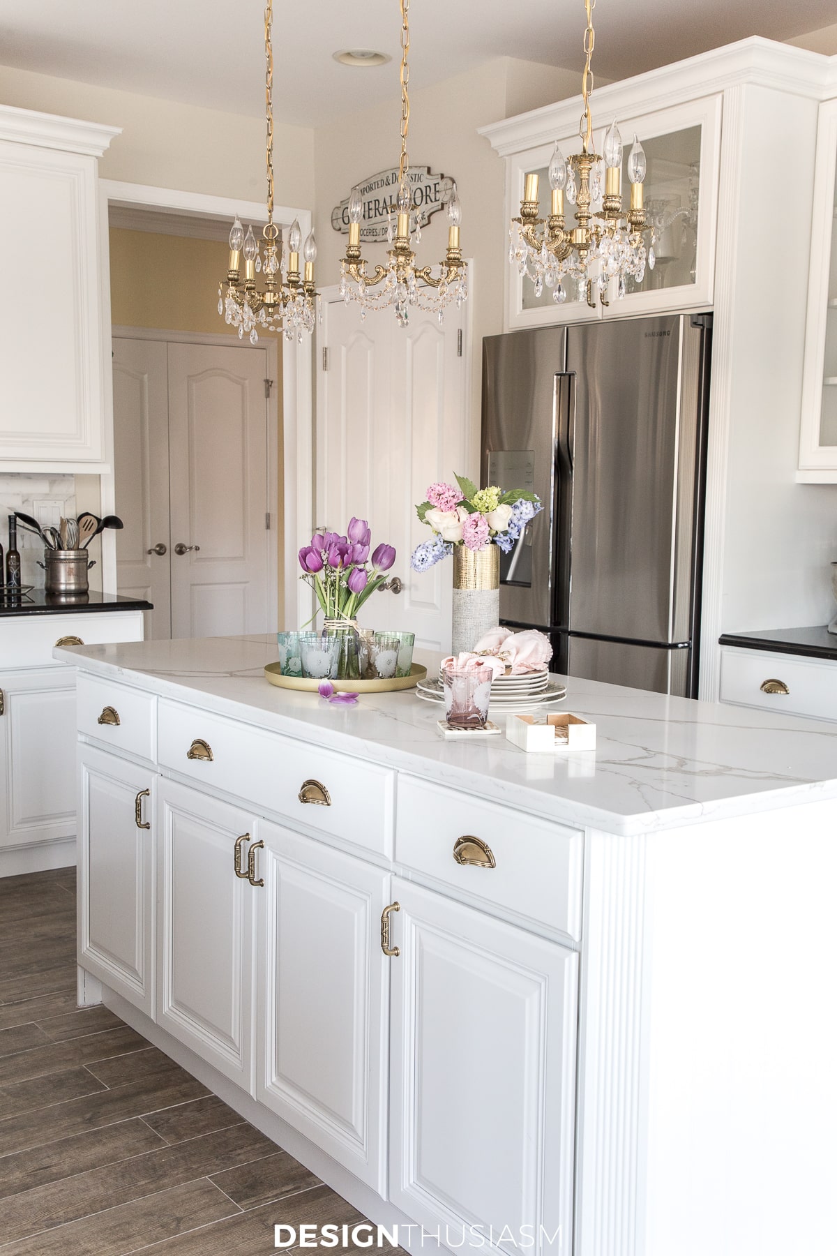pastel spring accessories on the kitchen island