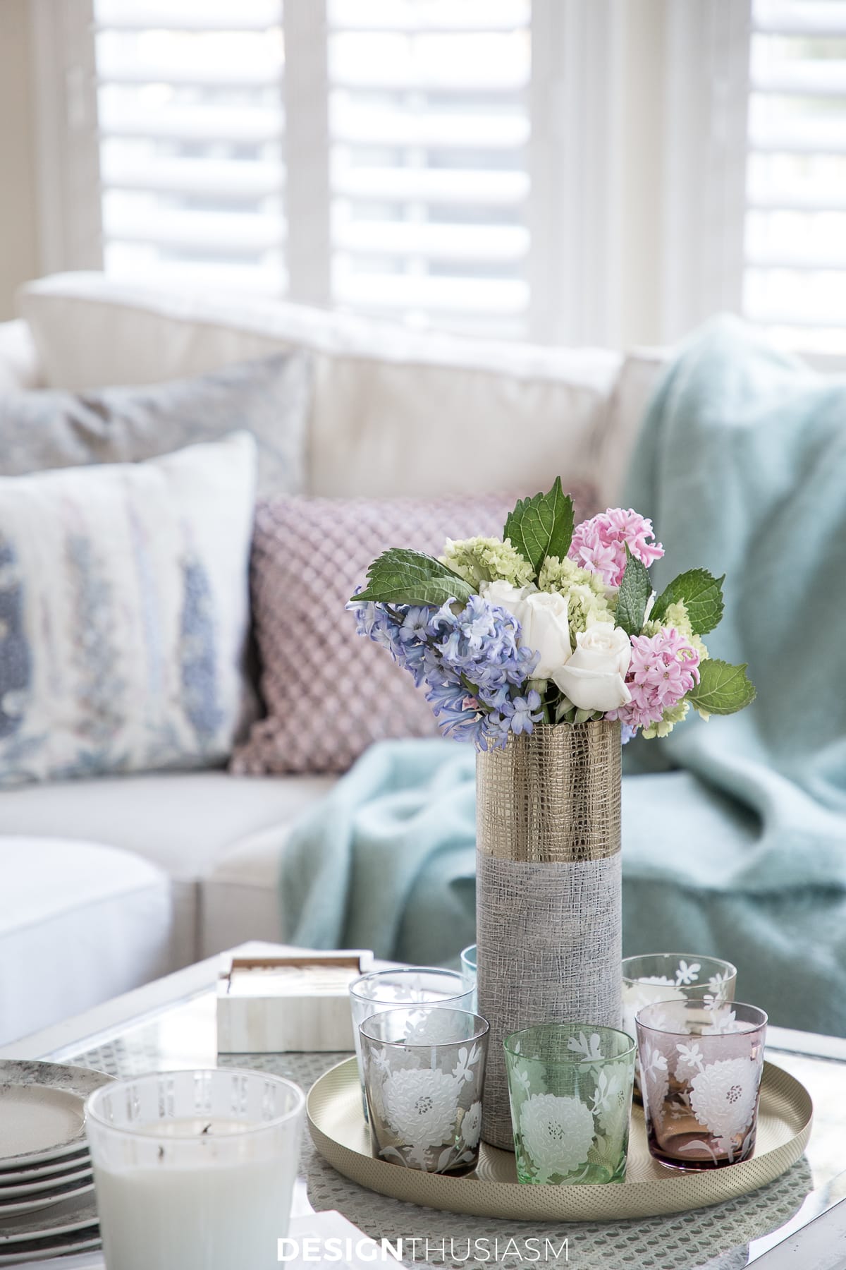 pastel spring accessories in the family room