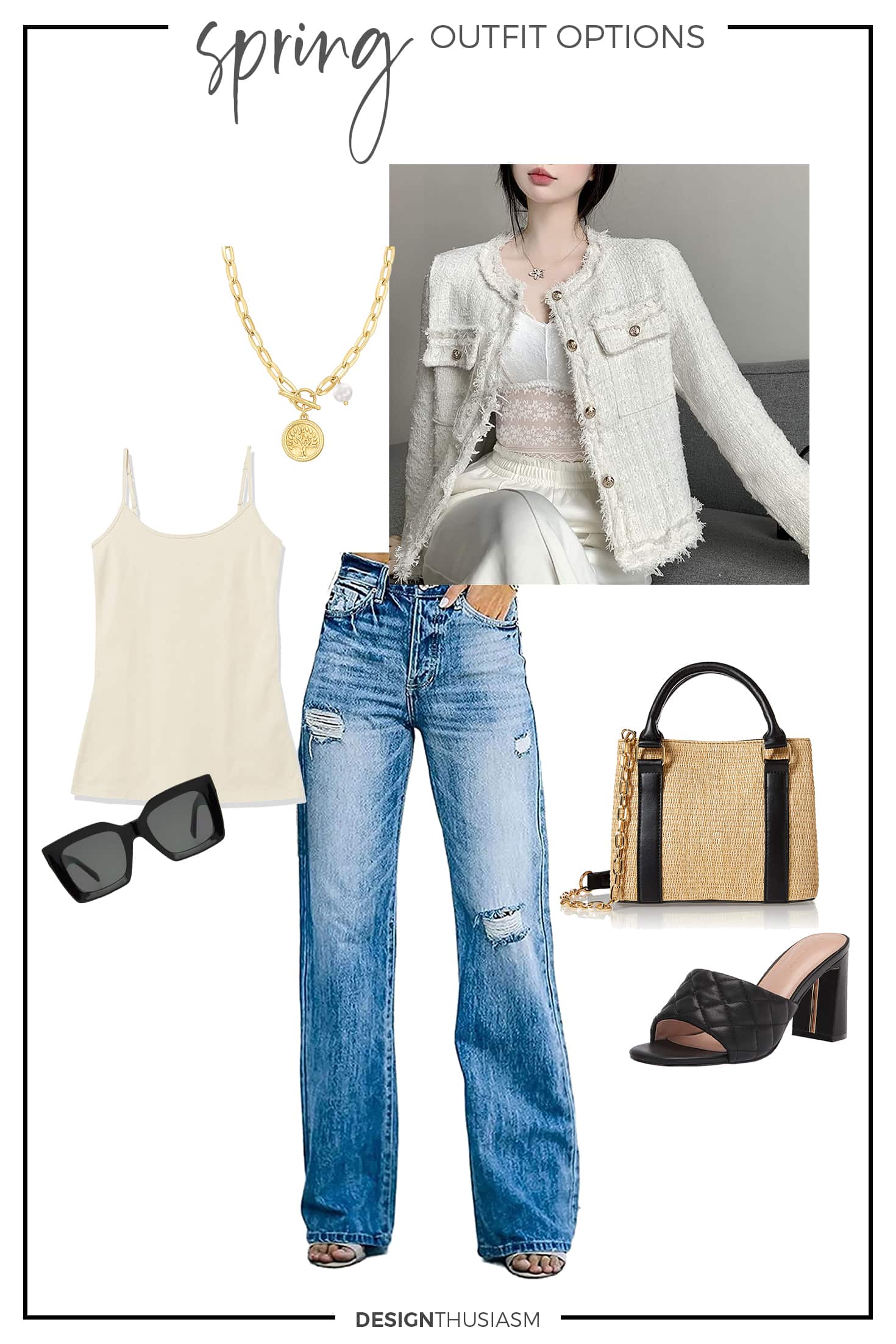 spring capsule outfit option with tweed lady jacket and wide leg jean