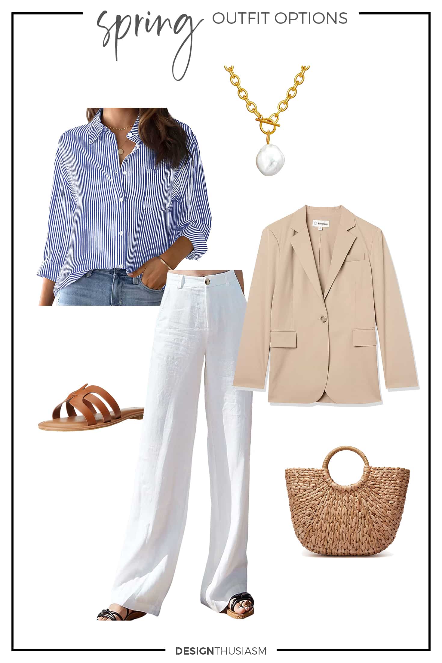 spring capsule outfit option with linen pants and striped shirt