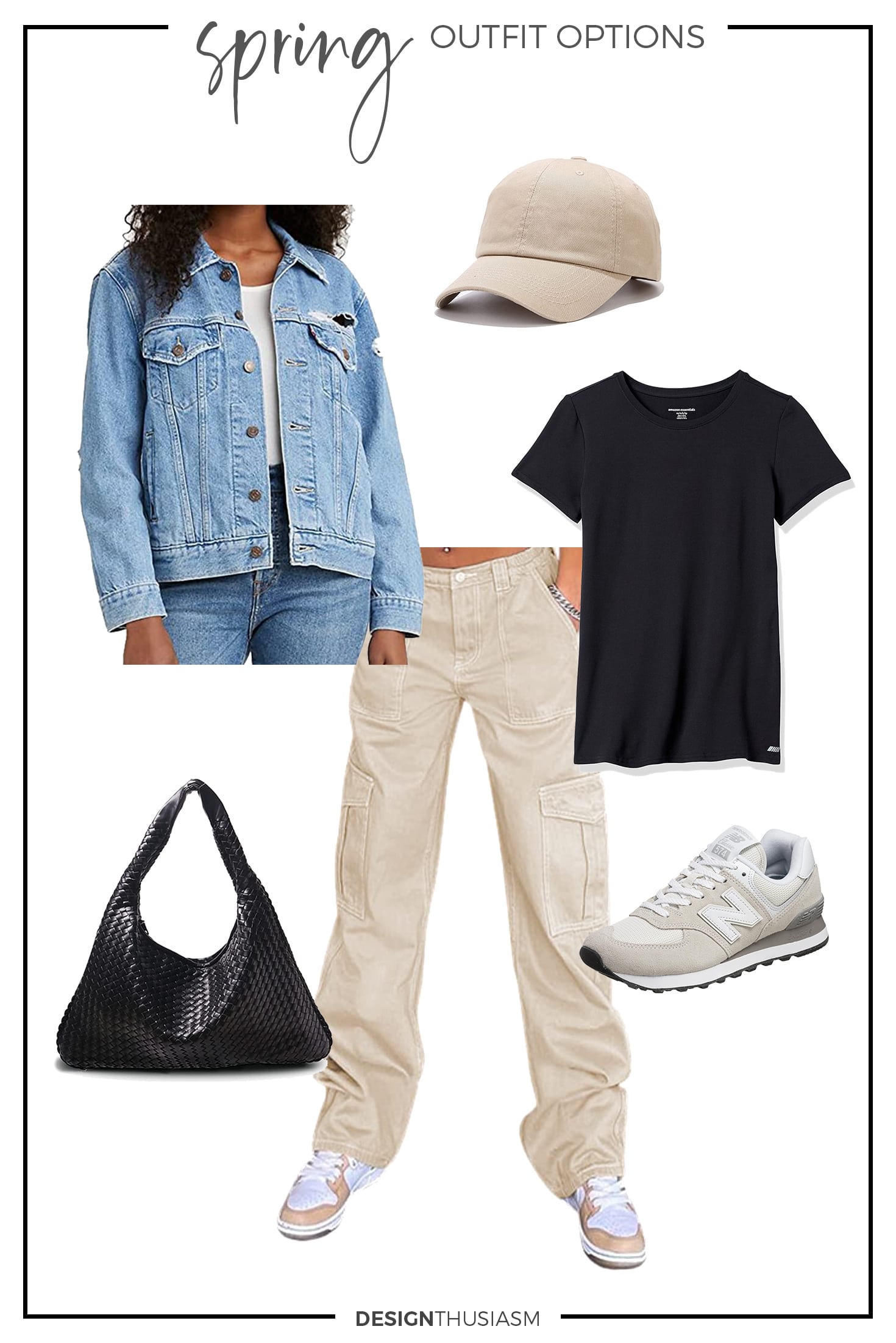 spring capsule outfit option with cargo pants and jean jacket
