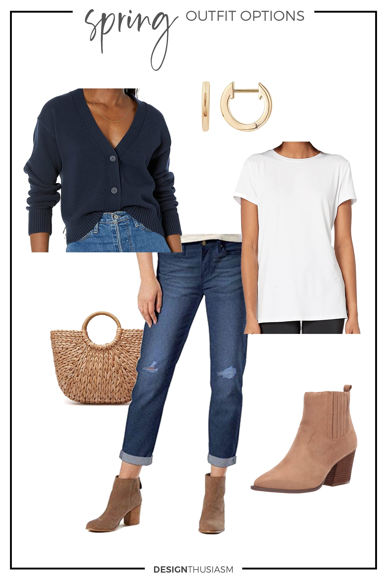 spring capsule outfit option with cropped cardigan and cuffed jean