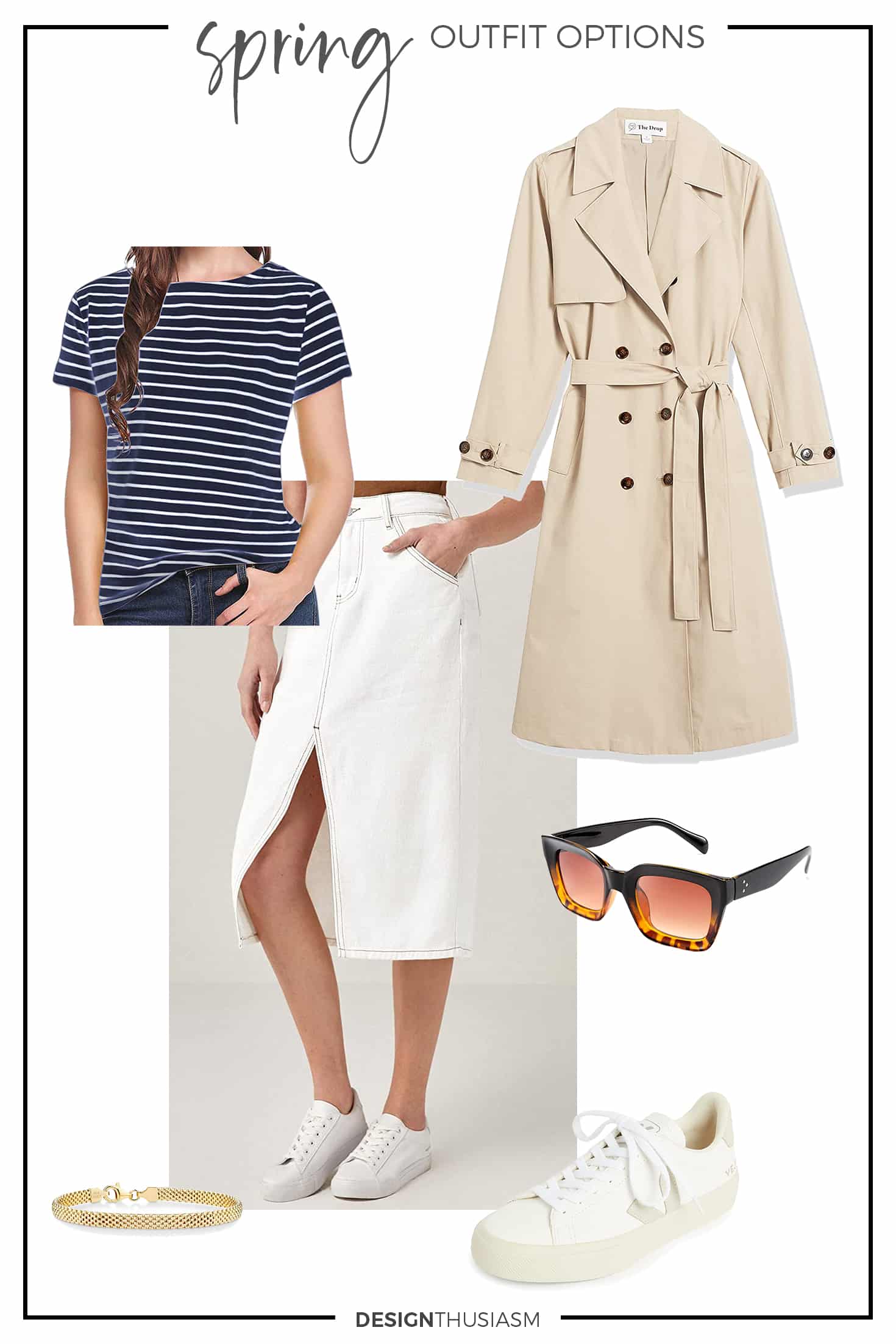 spring capsule outfit option with midi denim skirt and trench coat