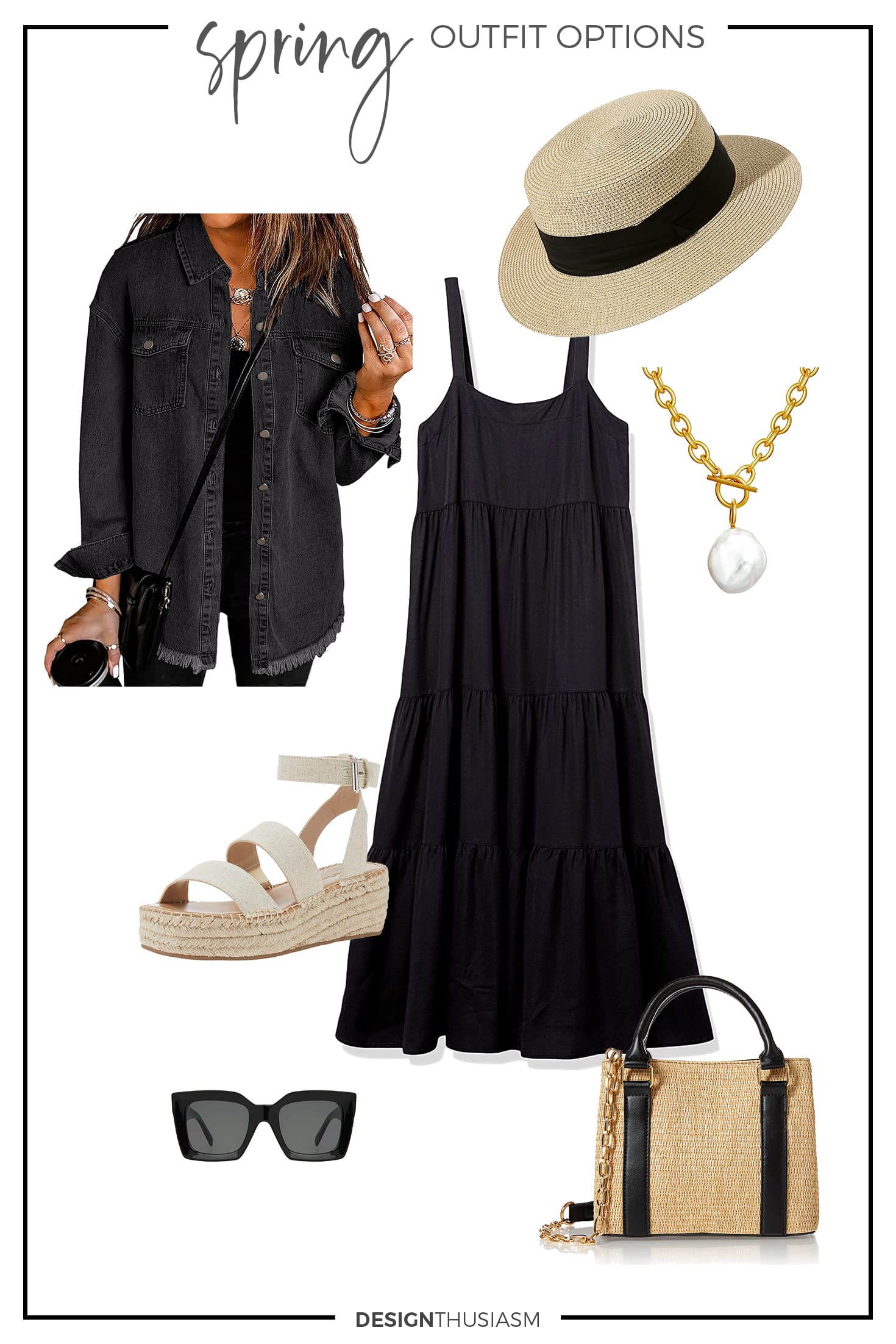 spring capsule outfit option with midi dress and sun hat