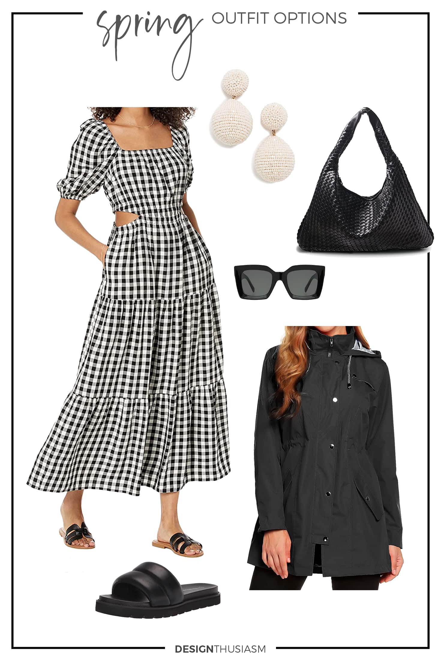 spring capsule outfit option with gingham dress and dad sandals
